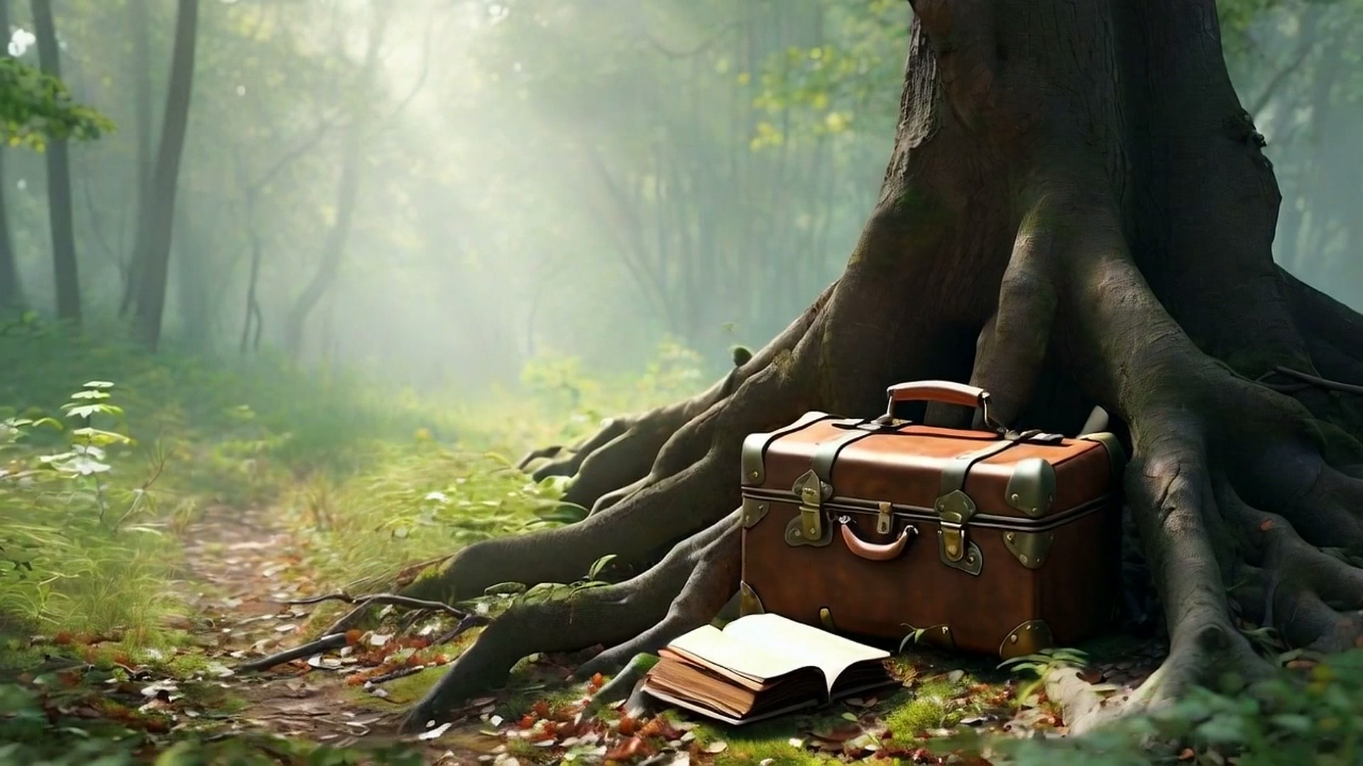 A weathered suitcase rests against ancient tree roots in a misty forest clearing - AI generated still from Journey
